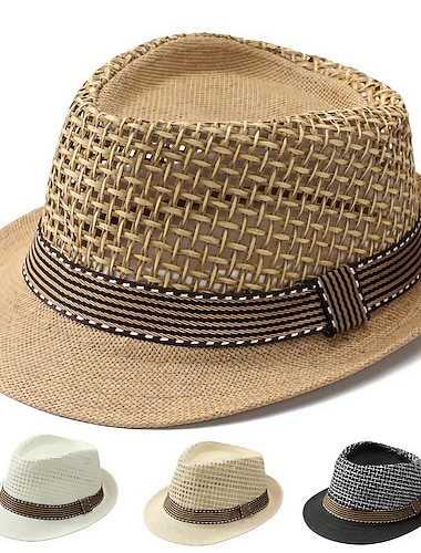  unisex boho słomkowy kapelusz mężczyźni słońce kapelusz taśma wystrój drążą safari kapelusz hazardzista kapelusz khaki lukrecja siatka stylowy na co dzień wakacje na świeżym powietrzu wychodzące zwykły krem przeciwsłoneczny