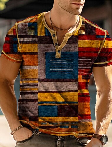  Homens Gráfico Bloco de cor Geometria Camisa Henley Manga Curta Impressão 3D Moda Designer Confortável Ao ar livre Diário Verão Laranja Marron Henley Camiseta Henley