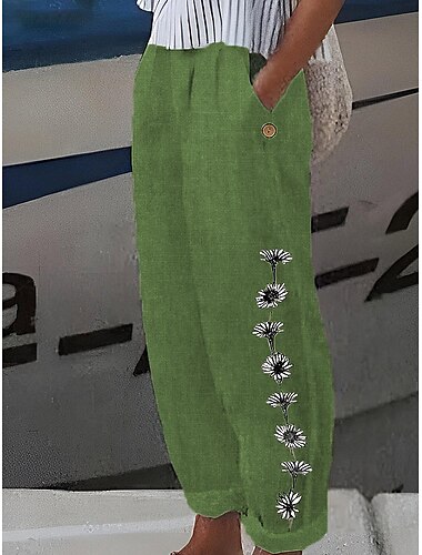  Loungewear-Hose aus Baumwolle und Leinen für Damen, Nachthemd, Blumendruck, elastische Taille, bequem, für Zuhause, Straße, Sommer, Frühling, schwarz, weiß, Heim-Outfits