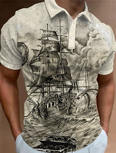  בגדי ריקוד גברים ימי חולצות פולו חולצת גולף שרוולים קצרים חולצות פולו חולצות עם צווארון וינטאג' יום יומי בגדי נופש בגדי סירות תלבושות למסיבה כפתורים הדפסת תלת מימד שחור לבן חאקי