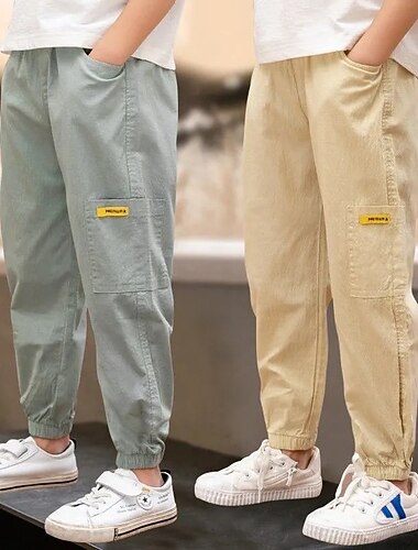  Garçon lin pantalon pantalon poche couleur unie respirant doux confort pantalon sports de plein air quotidien basique noir vert kaki taille moyenne