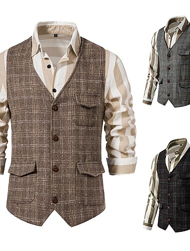  Herren Weste Freizeitskleidung Urlaub Ausgehen Vintage Britisch Frühling & Herbst Taste Polyester Komfortabel Plaid Einreihiger Verschluss Kargen Regular Fit Grau Schwarz Kaki Weste