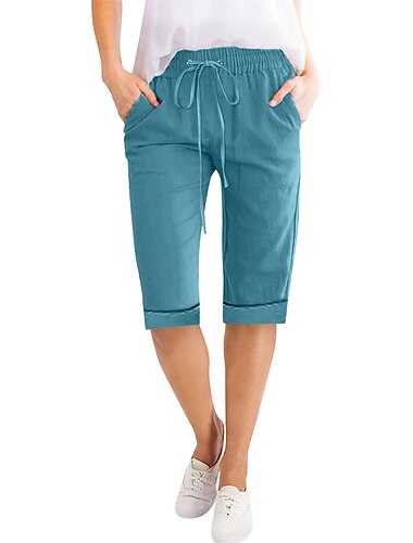  Dames Linnen-geïnspireerde shorts Korte broek broek Actief Eenvoudig Casual Knielengte Hoge taille Effen Zak Trekkoord Elastische taille Ademend Zacht Comfortabel Micro-elastisch Vakantie Casual