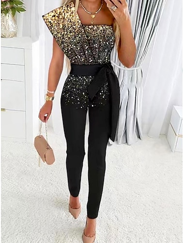  Dames Jumpsuit Afdrukken Verloop Eén-schouder Streetwear Bruiloft Feest Normale pasvorm Korte mouw Goud S M L Zomer