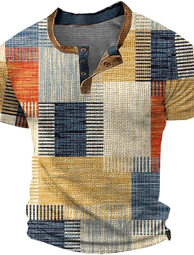  Herren Graphic Plaid / Karomuster Waffel-Henley-Hemd Kurzarm 3D-Druck Modisch Designer Basic Outdoor Täglich Sommer Gelb Blau Grün Grau Henley Henley T-Shirt