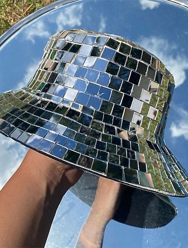  disco emmer hoed, glitter spiegel disco vissershoed, disco bal hoed voor dj, emmer pet met glitter pailletten voor club