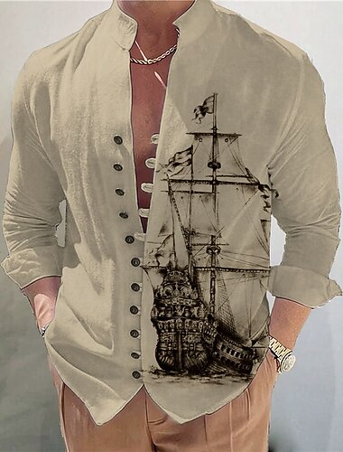  رجالي بحري عتيقة مركب شراعي قميص زر حتى القميص كم طويل موضة أناقة الشارع مصمم الأماكن المفتوحة فضفاض مناسب للبس اليومي الصيف الربيع الخريف مرتفعة طباعة أزرق بني كاكي رمادي