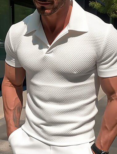  Miesten Textured Golfpaita Kausaliteetti Pyhäpäivä Kuubalainen kaulus Kauluskäänne Lyhythihainen Muoti Perus Yhtenäinen väri Perinteinen Kesä Normaali Vaalean sininen Musta Valkoinen Tumman sininen