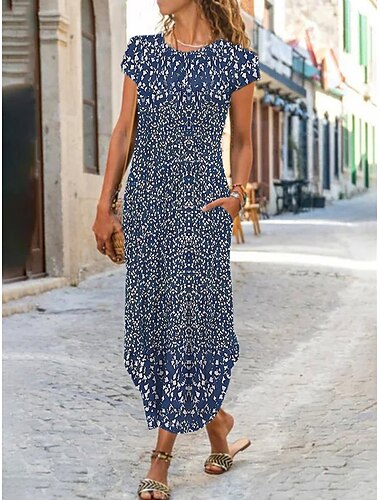 Vrouwen Maxi Jurk Shift Jurk Bloemen Ditsy Bloemen Pocket Split Crew Hals Dagelijkse Afspraak Korte Mouw Zomer Lente