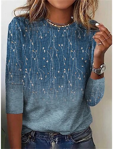  dames t-shirt elegant mode basic bloemenprint lange mouw normale tops ronde hals vakantie weekend blauw fuchsia grijs lichtblauw herfst&amp; winter