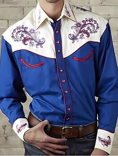  男性用 フラワー グラフィック シャツ ウエスタンシャツ カウボーイシャツ 長袖 ファッション デザイナー カジュアル 日常 アウトドア 秋冬 折襟 プリント ボタンダウン ブルー