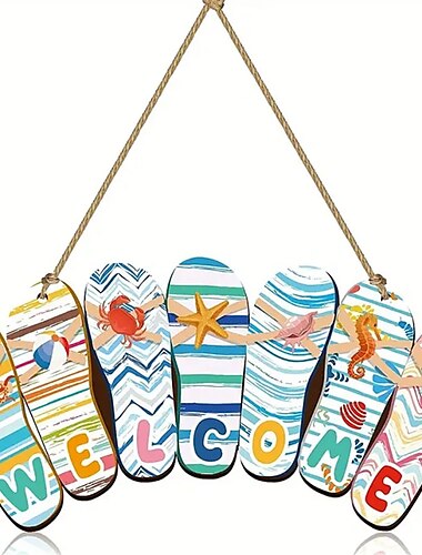  قطعة واحدة من النعال الصيفية الخشبية المعلقة لافتة Hello Summer Rustic Beach Plaque Welcome Beach Theme ديكور للباب والشرفة الداخلية والخارجية 12 × 6 × 0.2 بوصة على طراز الترحيب الصيفي لديكور المنزل