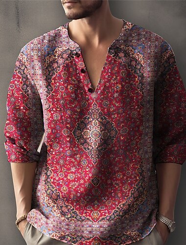  Herren Blumen Vintage Hemd leinenhemd Knopfhemd Langarm Modisch Strassenmode Designer Outdoor Täglich Sommer Frühling Herbst Ständer Bedruckt Gelb Wein Marineblau Blau Purpur