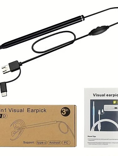  endoscópio de colher de ouvido três em um com luz led ajustável e cabo de 78,74 polegadas, kit de limpeza de orelha conveniente, suporte tipo-c, android