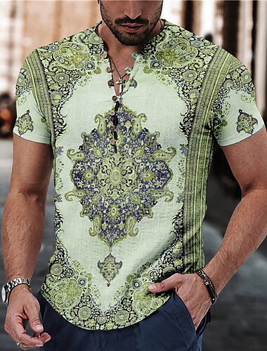  Herren Blumen Stammes Vintage Hemd leinenhemd Knopfhemd Kurzarm Modisch Strassenmode Designer Outdoor Casual Täglich Frühling Sommer Ständer Bedruckt Rosa Blau Grün Khaki Grau
