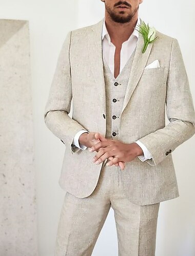  חליפות פשתן לגברים חתונת חוף בז' 3 חלקים חליפות קיץ בצבע אחיד בהתאמה אישית עם שני כפתורים חד חזה 2024