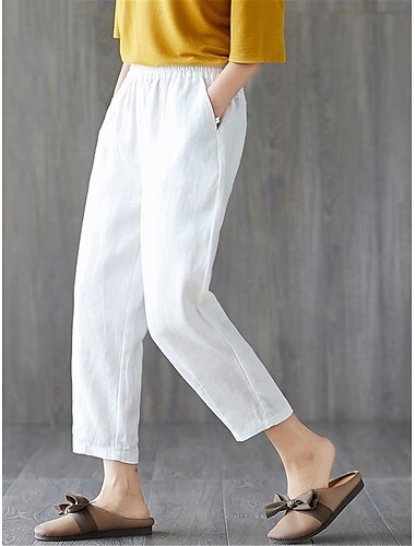  Mujer Pantalones cortos de lino y algodón pantalones cortos capri Pantalones anchos Ropa de calle Casual Confort Capris Media cintura Plano Bolsillo Holgado Diseño de cordón elástico Comodidad