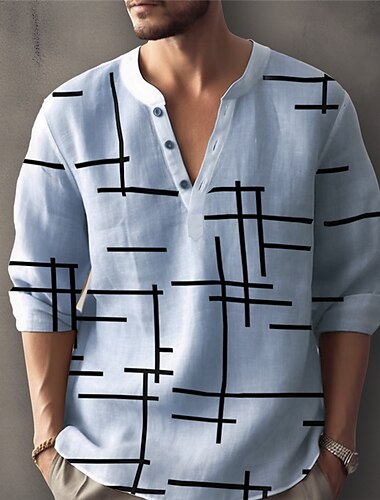  Herren Geometrische Muster Geometrie Hemd leinenhemd Knopfhemd Langarm Modisch Strassenmode Designer Strasse Täglich Sommer Frühling Herbst Ständer Bedruckt Weiß Rosa Blau Purpur Grün