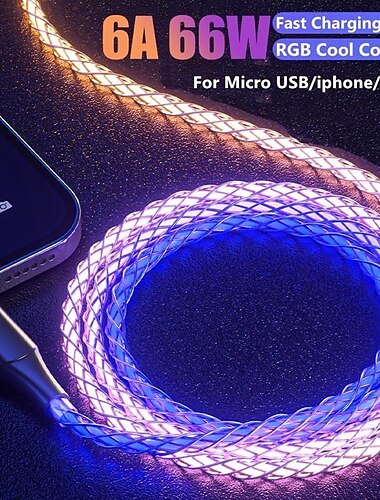  кабель для быстрой зарядки rgb 100w дыхательный свет 66w type c usb c кабель для передачи данных для iphone samsung android micro 30w кабель для быстрой зарядки