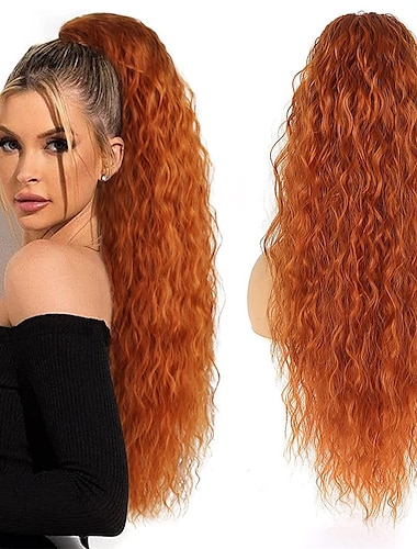  extensión de cola de caballo con cordón ondulado rizado rojo cobre para mujeres negrasextensión de cola de caballo rizada larga ondulada sintética de 28 pulgadas extensión de cola de caballo naranja