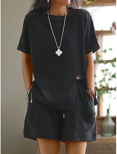  dames plus size loungewear sets pure kleur sport casual comfort thuis straat dagelijks polyester ademend ronde hals korte mouwen t-shirt tee shorts zak zomer lente thuis outfits