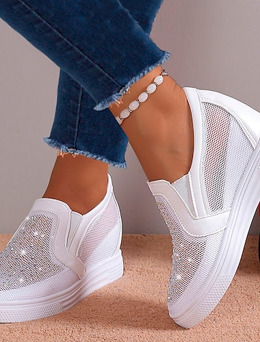  Women's Sneakers Slip-Ons Wedge Heels Height Increasing Shoes Platform Sneakers Daily Solid Color Galaxy Glow in the Dark Rhinestone Wedge Heel Hidden Heel Round Toe Fashion Sporty Casual Walking Mesh