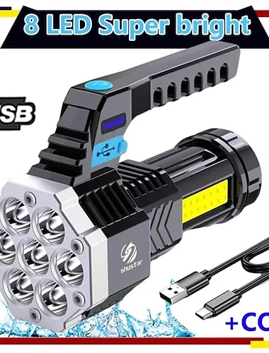  Linterna de 7 led de alta potencia con luz lateral cob, iluminación exterior, luz de trabajo impermeable recargable por usb, luz de pesca potente