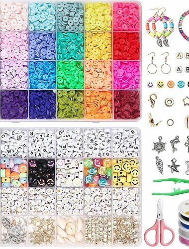  7200-teiliges Tonperlen-Armbandherstellungsset, 24 Farben flache runde Polymer-Tonperlen mit Buchstabenperlen, Gesichtsperlen und Anhängeranhängern für die Schmuckherstellung, Heishi-Perlen für Halsketten-Ohrring-DIY-Bastelarbeiten