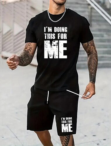 Herren-Set mit grafischen Hemden, Shorts und T-Shirt, Outfits, Buchstaben, Rundhalsausschnitt, Kleidung, Bekleidung, 3D-Druck, Outdoor, Alltag, Ärmel, 2-teilig, 2-teilig, „Ich mache das für einen