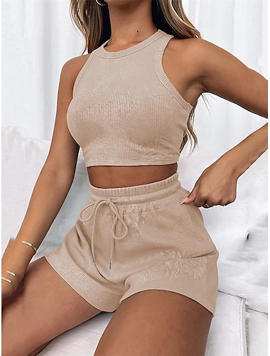  Women's Waffle Knit Loungewear Sets 2 Pcs Pure Color Sleeveless Crop Top and Drawstring Pocket High Waisted Shorts Fashion Comfort Soft Street Date Vacation Summer Spring Black White