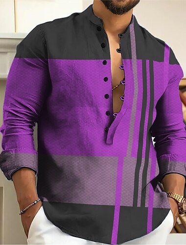  Herren Gestreift Geometrische Muster Geometrie Hemd Knopfhemd Langarm Modisch Strassenmode Designer Outdoor Casual Täglich Sommer Frühling Herbst Ständer Bedruckt Gelb Blau Purpur Grau