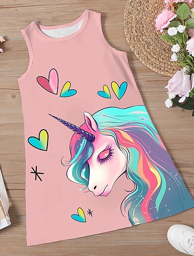  Mädchen' 3D Graphic Karikatur Einhorn Kleid Ärmellos 3D-Druck Sommer Frühling Sport & Natur Täglich Festtage Kuschelig Brautkleider schlicht Süß kinderkleidung 3-12 Jahre Casual kleid A Linie Kleid