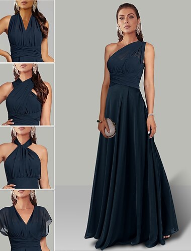  A-Line Wedding Guest Dresses Infinity Dress Wedding Party Summer Floor Length Short Sleeve Halter Neck Convertible Chiffon with Ruched 2024