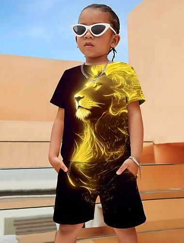 Pojkar 3D-grafik djurlejon t-shirt och shorts t-shirt set klädset kortärmat 3D-tryck sommar vår aktiv sport mode polyester barn 4-12 år utomhus gata semester normal passform