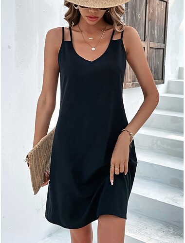 Dames Zomerjurk Slipdress Mini-jurk Uitgesneden Dagelijks Strand Modieus V-hals Mouwloos Zwart Rood Paars Kleur