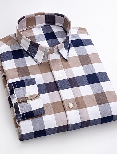  Herren Kleidhemd Oxford Hemd Kariertes Hemd Kragenhemd Karo Hochzeit Arbeit weiß grau Wein Khaki Langarm Umlegekragen Frühling & Herbst Bekleidung Button-Down