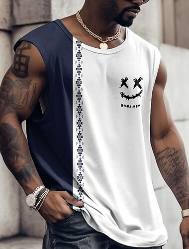  Herre Grafisk Fargeblokk Morsom Vest topp Ermeløs T-skjorte for menn Stropper T skjorte 3D-utskrift Crew-hals Skjorte Mote Designer Muskel Daglig Sport Treningssenter Svart Gul Vin Vår sommer Klær S