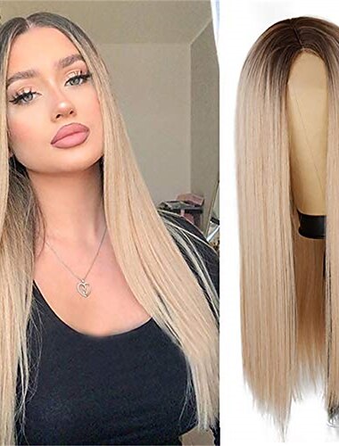 barbiecore filmperuker rak blond ombre peruk för kvinnor lång rak blond peruk liten yta spets fram syntetisk ombre blond peruk 30 tum för cosplay daglig fest