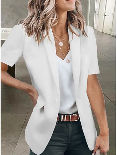  Women's Blazer Formal Office Work Summer Spring Regular Coat Regular Fit Breathable Simple Classic Style Modern Style Jacket Short Sleeves Solid Color Pure Color Slim Fit Black White Red