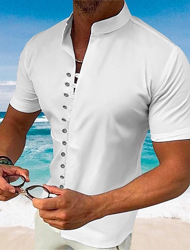  男性用 シャツ ボタンアップシャツ カジュアルシャツ サマーシャツ ビーチシャツ ブラック ホワイト ピンク ブルー グリーン 半袖 平織り スタンド 日常 バケーション 衣類 ファッション カジュアル 快適