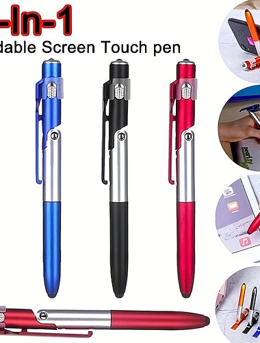  1 stks multifunctionele 4-in-1 opvouwbare balpen stylus (zaklamp ondersteuning) voor tablet mobiele telefoon cadeau voor verjaardag/pasen/president's dag/jongen/vriendinnen
