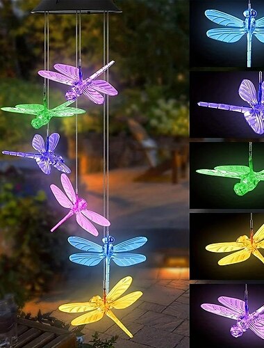  ソーラー風鈴ライト防水グリーントンボ形状変色ライトロマンチックな風鈴ライト LED ソーラー携帯ぶら下げ装飾ガーデンパティオ