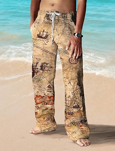  Herre Bukser Sommerbukser Strandbukser Snorer Elastisk midje 3D-utskrift Kart Grafiske trykk Båt Komfort Avslappet Daglig Ferie Gatemote Hawaiisk Grønn Kakifarget