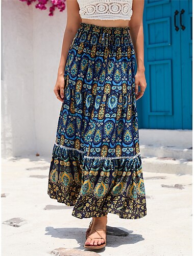  Damen Rock Schaukel Böhmen Maxi Hoher Taillenbund Röcke Gefaltet Bedruckt Farbblock Blumen Urlaub Ausgehen Sommer Baumwolle Polyester Vintage Retro Vintage Ethnisch Brautkleider schlicht Rote