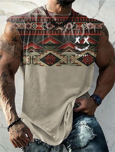  男性用 グラフィック アーガイル柄 ベストトップ 男性用ノースリーブTシャツ ノースリーブ ストラップ Tシャツ 3Dプリント クルーネック シャツ ファッション デザイナー 筋 日常 スポーツ ジム用 ブラック ホワイト ルビーレッド 春夏 衣類 S M L XL 2XL 3XL