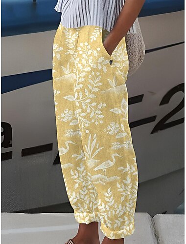  سروال قطن ولين نسائي سروال فضفاض مثل القطن غير رسمي راحة بطول كامل خصر متوسط طباعة نباتات مريحة قابلة للتنفس ميكرو مرن أصفر فاتح وردي فاتح أزرق شفاف صيف ربيع خريف