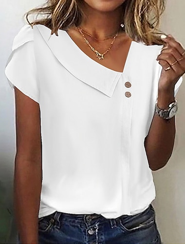  Women's Shirt Blouse Plain Casual Elegant Vintage Fashion Short Sleeve V Neck White