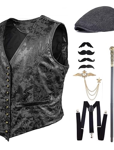  Vintage Goldene Zwanziger 1920er Partykostüm Weste Hosenträger Ärmellos Der große Gatsby Gentleman Schnalle Halloween Vintage Druck Umlegekragen Herren Halloween Karneval Maskerade Halloween