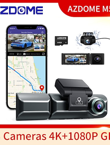 azdome m550 3-kanaals dashcam, drieweg auto-dashcam voor binnen achter, 4k + 1080p dual channel met gps wifi ir nachtzicht