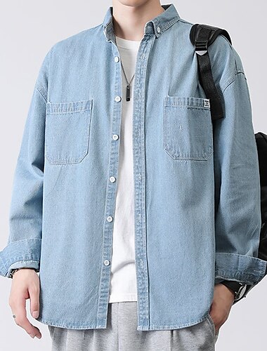  Herren Hemdjacke Overshirt Jeanshemd Einfach Outdoor Täglich Schwarz Blau Dunkelblau Langarm Revers Frühling & Herbst Bekleidung Tasche